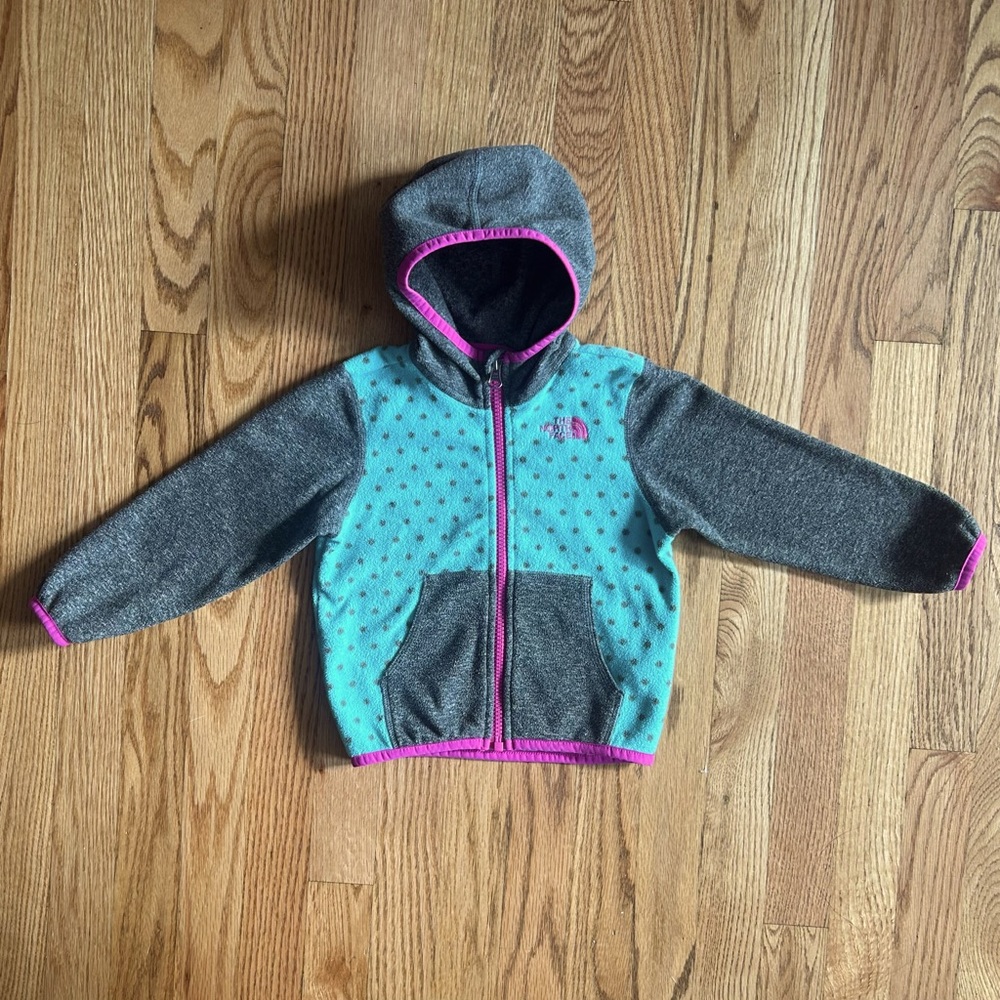 The North Face Kids' Teal & Gray Polkadot Hoodie Pink Trim Full Zip 18-24 Months